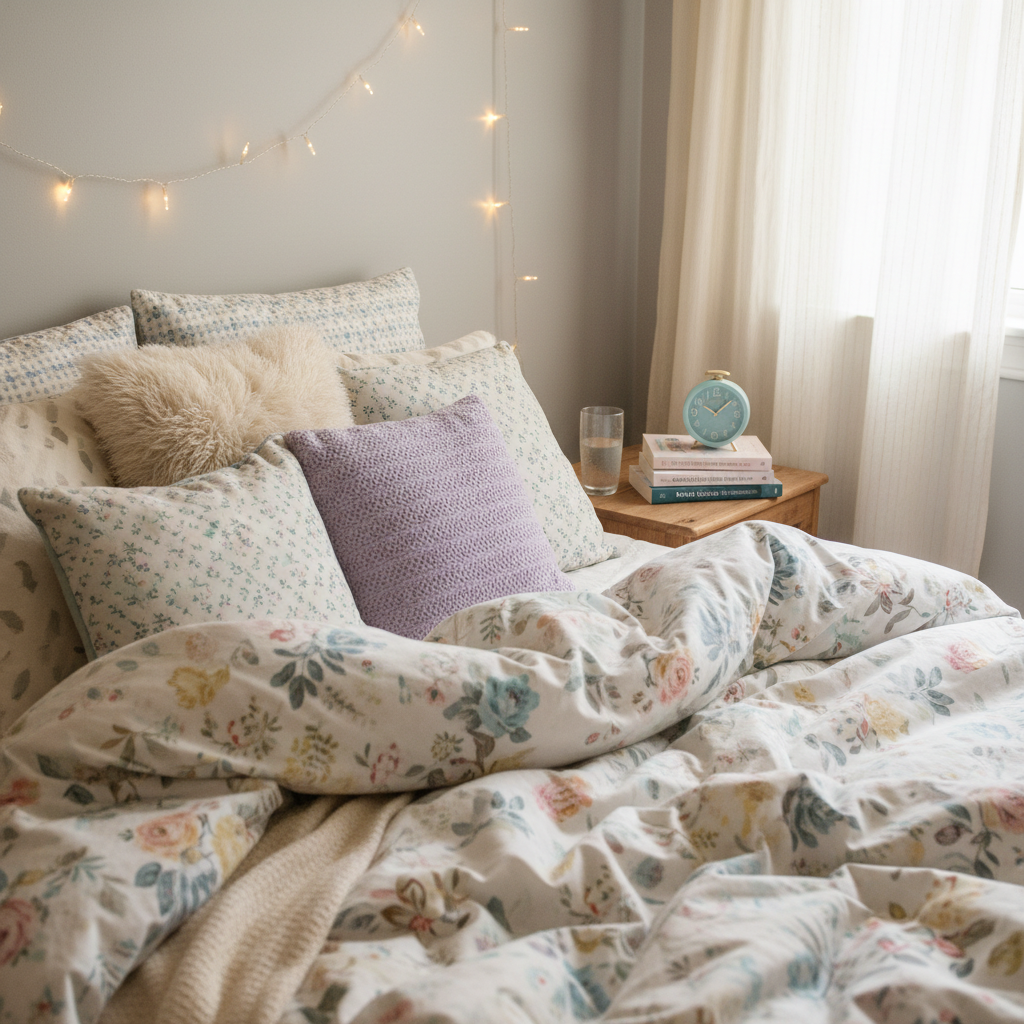 A cozy, unmade bed with a rumpled, pastel floral duvet and mismatched, fluffy pillows sits against a light grey wall adorned with a simple string of fairy lights. On the bedside table rests a small stack of motherhood and chronic illness books, a glass of water with condensation, and a pastel ceramic alarm clock paused at midday. Diffused overcast light filters through sheer curtains, casting soft, comforting shadows and a gentle glow over the fabrics. Shot from a slightly elevated angle in photographic realism, the image emphasizes textures and warmth, conveying exhaustion mingled with comfort, recovery, and playful self-care in a safe, personal sanctuary.