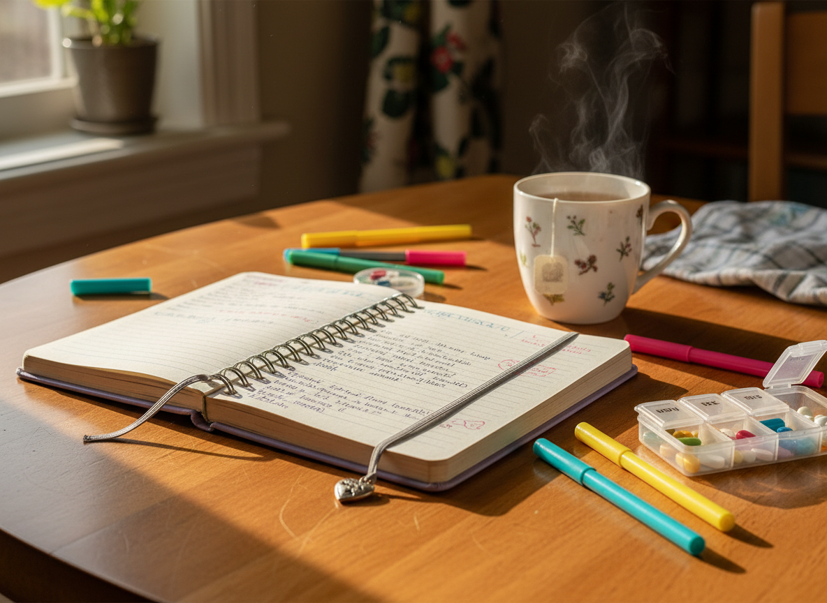 A well-loved, spiral-bound journal with a soft lavender cover and a small silver heart charm on its elastic band lies open on a honey-colored wooden kitchen table. Colorful gel pens, a half-finished cup of herbal tea, and a pill organizer with neatly arranged compartments surround it, hinting at daily routines. Soft morning sunlight flows in from an unseen window, washing the scene in a gentle, hopeful glow and casting delicate shadows from the pens. Photographic realism with a shallow depth of field keeps the journal pages in sharp focus while the background blurs into a cozy, inviting haze, creating a mood that feels intimate, playful, and quietly resilient.